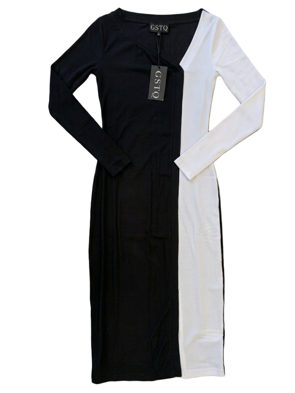 GSTQ God Save The Queen Rib Knit Black White Colorblock Midi Sweater Dress Small